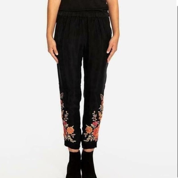 Johnny Was Pants - Johnny Was Violette Embroidered Black Rayon Blend Joggers - Size Large L